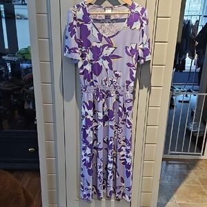 KIM & Co. Purple Big Floral Elastic Waist Midi Dress Sz Med Ptp20